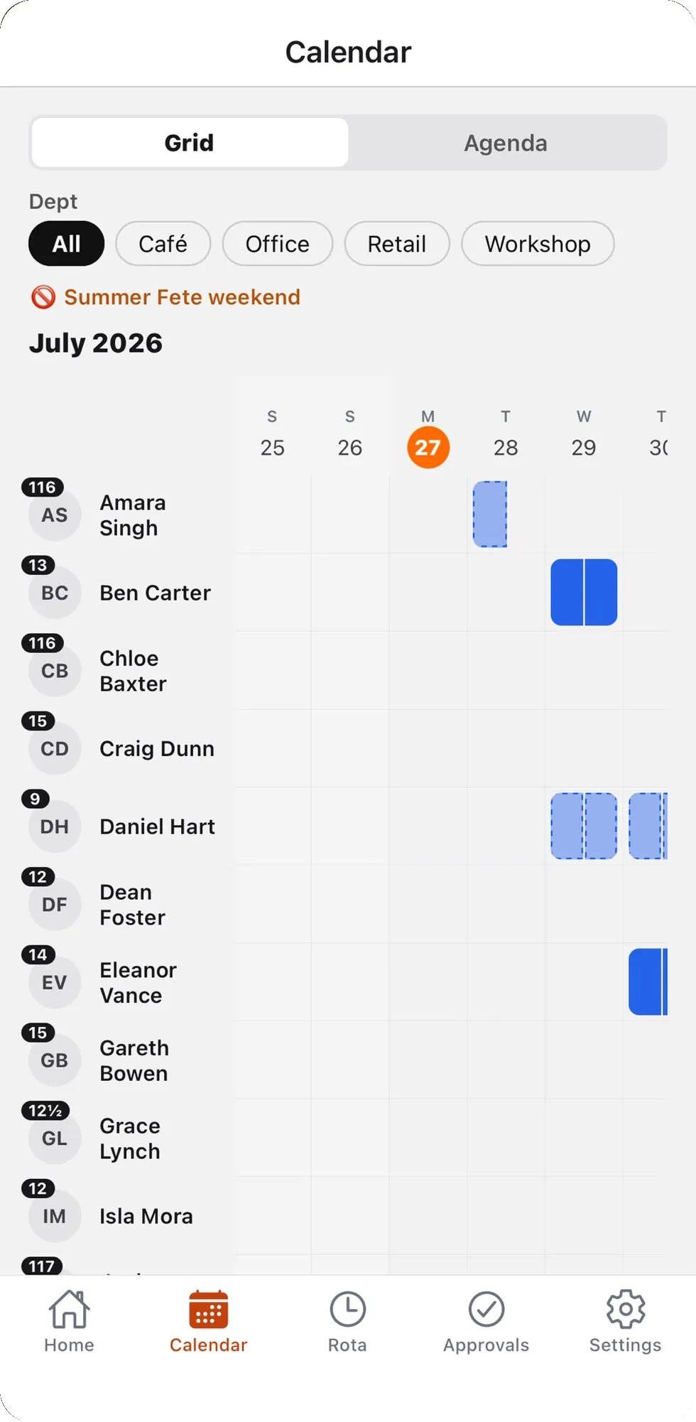 The Rotaleave app Calendar tab on an iPhone: a grid with one row per person and days across the top, filter chips for each department, a blackout period named above the grid, approved leave as solid blue blocks and requests still waiting as dashed ones