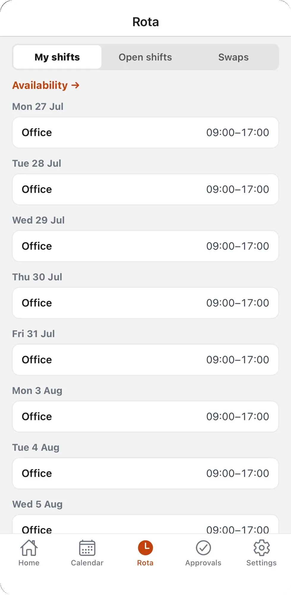 The Rotaleave app Rota tab on an iPhone: My shifts, Open shifts and Swaps tabs, an Availability link, and a list of upcoming shifts by date, each Office 09:00 to 17:00