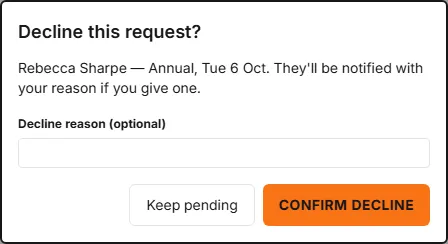 The Decline this request? dialog with an optional Decline reason box and Keep pending and Confirm decline buttons.