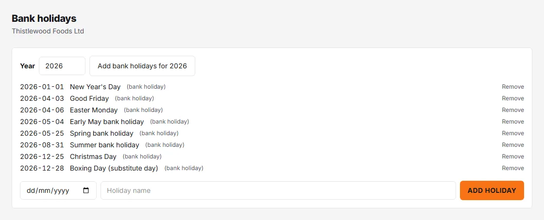 The Bank holidays page: the year and an Add bank holidays button, then dates with names tagged (bank holiday), each with Remove, and the form to add a closure.