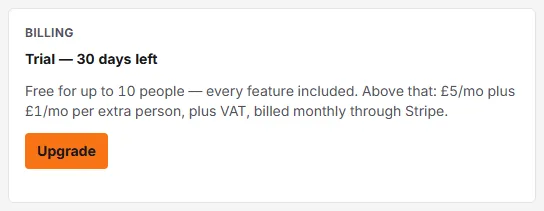The Billing card in Settings → Organisation reading Trial — 30 days left, with the free-for-10-people pricing sentence and an Upgrade button.