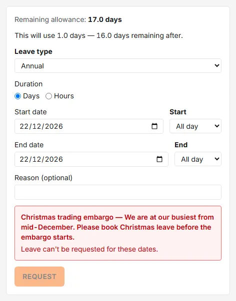 The request form for 22 December showing a red box, Christmas trading embargo, with the reason given to staff, "Leave can't be requested for these dates" and the Request button greyed out.
