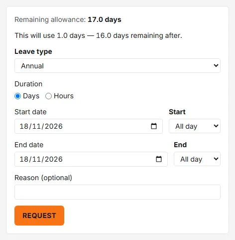 The request form for Annual leave on one day, showing Remaining allowance 17.0 days and "This will use 1.0 days — 16.0 days remaining after".