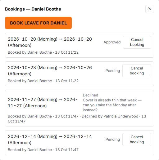 The Bookings dialog for Daniel Boothe, listing approved, pending and declined bookings, each pending or approved one with a Cancel booking button.