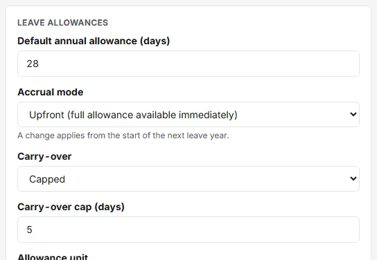 The top of the Leave allowances card with Carry-over set to Capped and a Carry-over cap field below it.