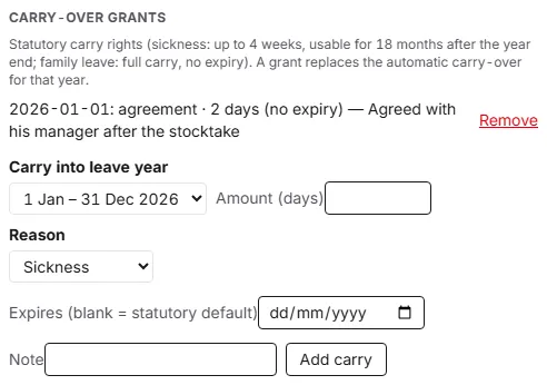 The Carry-over grants section of a person's personal settings, listing a two-day grant by agreement, above the form to add another.