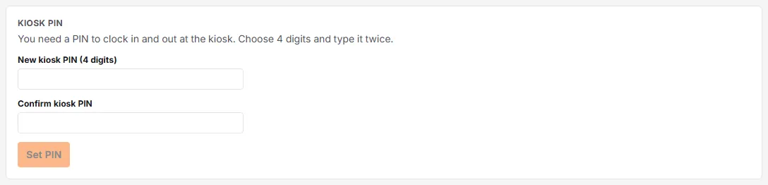 The Kiosk PIN card on the Account page, with fields for a new 4-digit PIN and its confirmation and a Set PIN button.