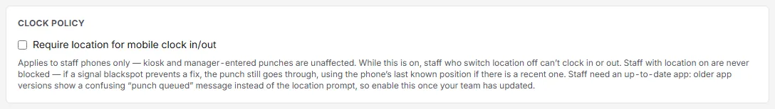 The Clock policy card at the top of the Sites page, with the Require location for mobile clock in/out checkbox and its explanation.