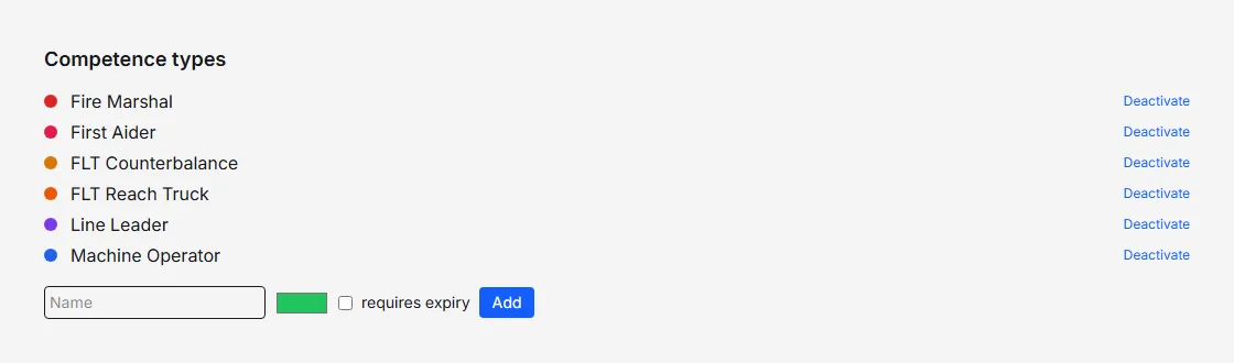 The Competence types page listing six skills with colours, and the form to add one with a requires expiry tick box.