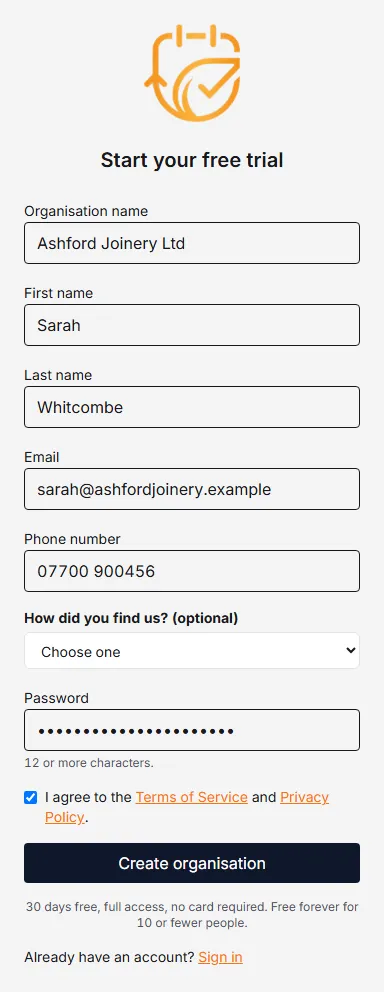 The Rotaleave sign-up form filled in with organisation name, first and last name, email, phone number and password, with the Terms of Service box ticked.