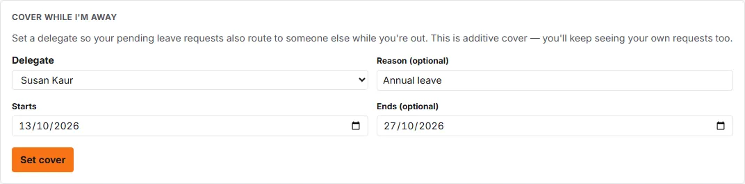 The "Cover while I'm away" section of the Account page with a delegate chosen, a reason and an end date entered, ready to press Set cover.