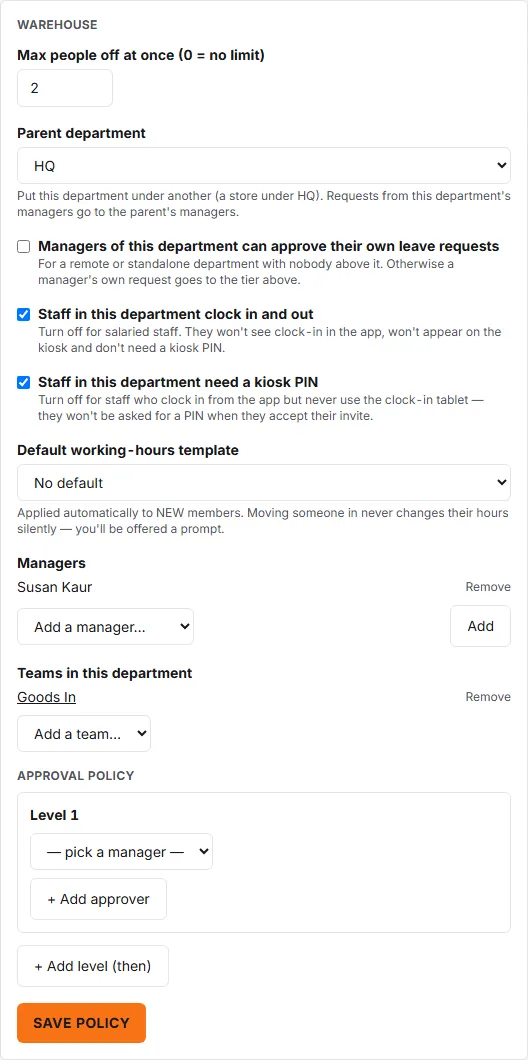 The Departments page with Warehouse selected, showing the Max people off at once field at the top of its settings.
