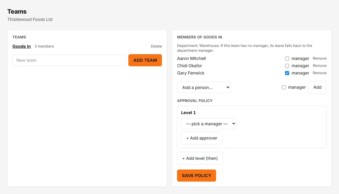 The Teams page with the Goods In team selected, listing its members with a manager tick box beside each, and the team's approval policy below.