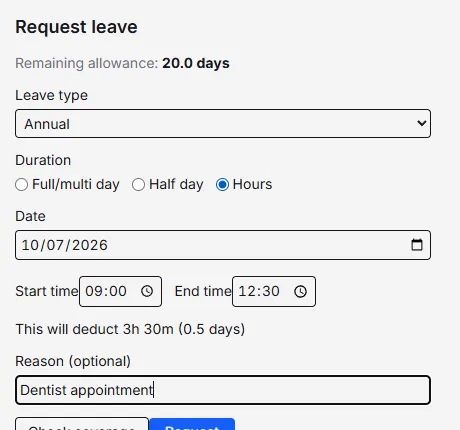 Rotaleave leave request form with Hours duration selected, booking 09:00 to 12:30 for a dentist appointment