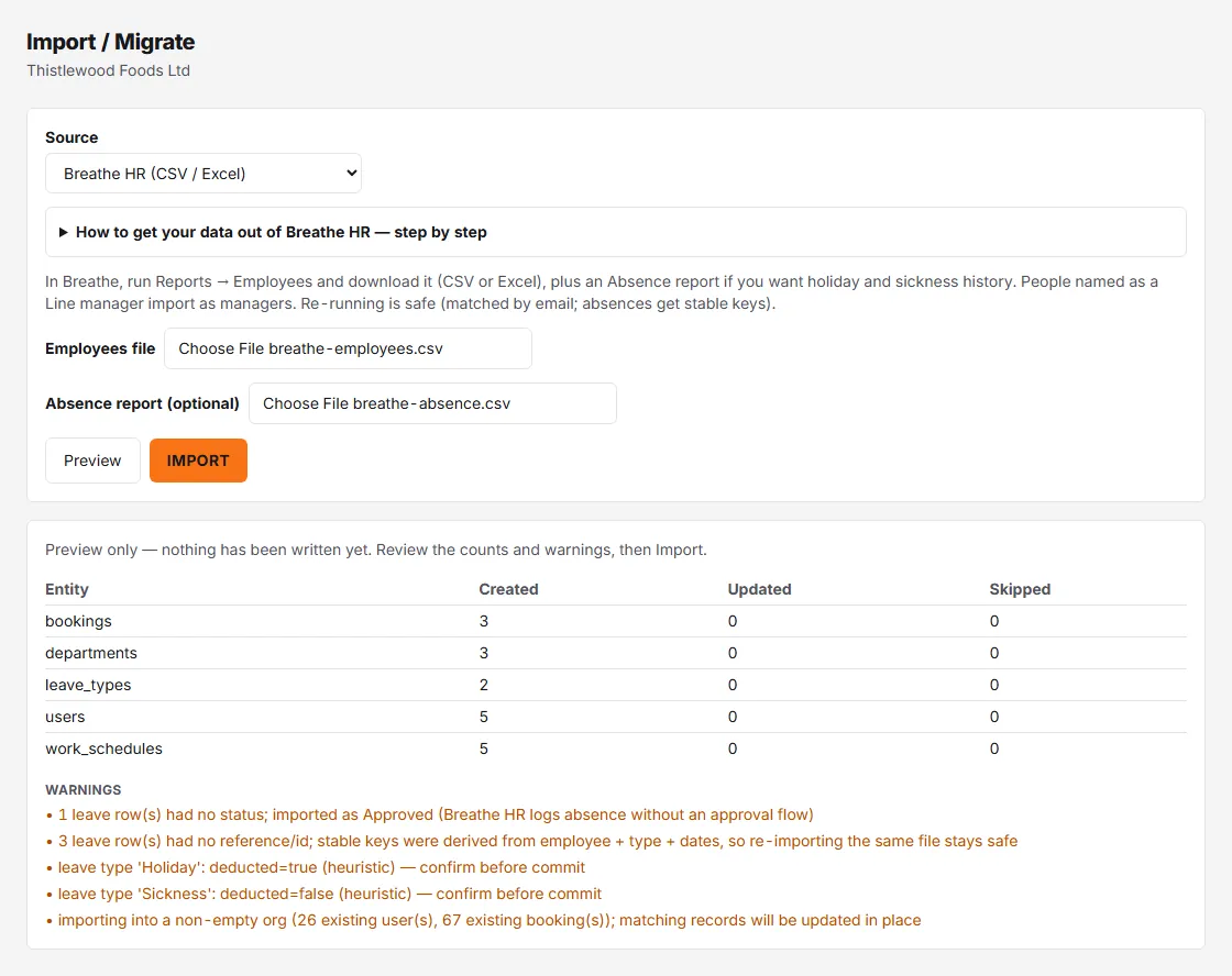 The Import / Migrate page with Breathe HR chosen and an employees file and an absence report attached, then the preview: created counts for bookings, departments, leave types, users and work schedules, and the warnings to read before importing.