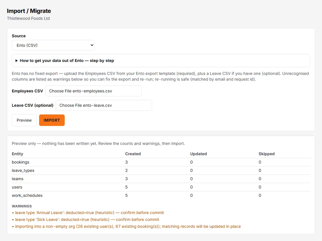 The Import / Migrate page with Ento (CSV) chosen and an employees file and a leave file attached, then the preview: created counts for bookings, leave types, teams, users and work schedules, and the warnings to read before importing.