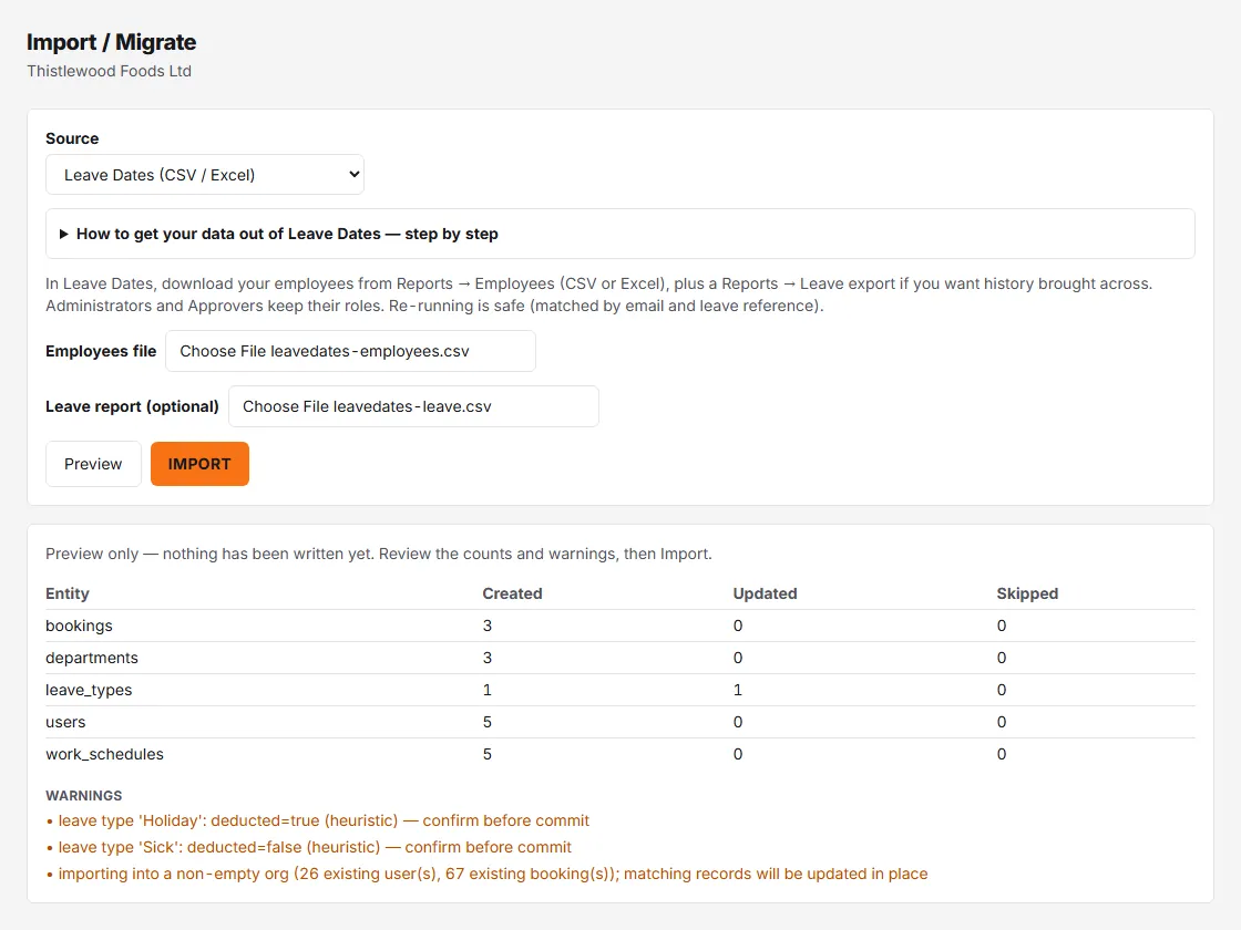 The Import / Migrate page with Leave Dates chosen and an employees file and a leave file attached, then the preview: counts of bookings, departments, leave types, users and work schedules, and the warnings to read before importing.