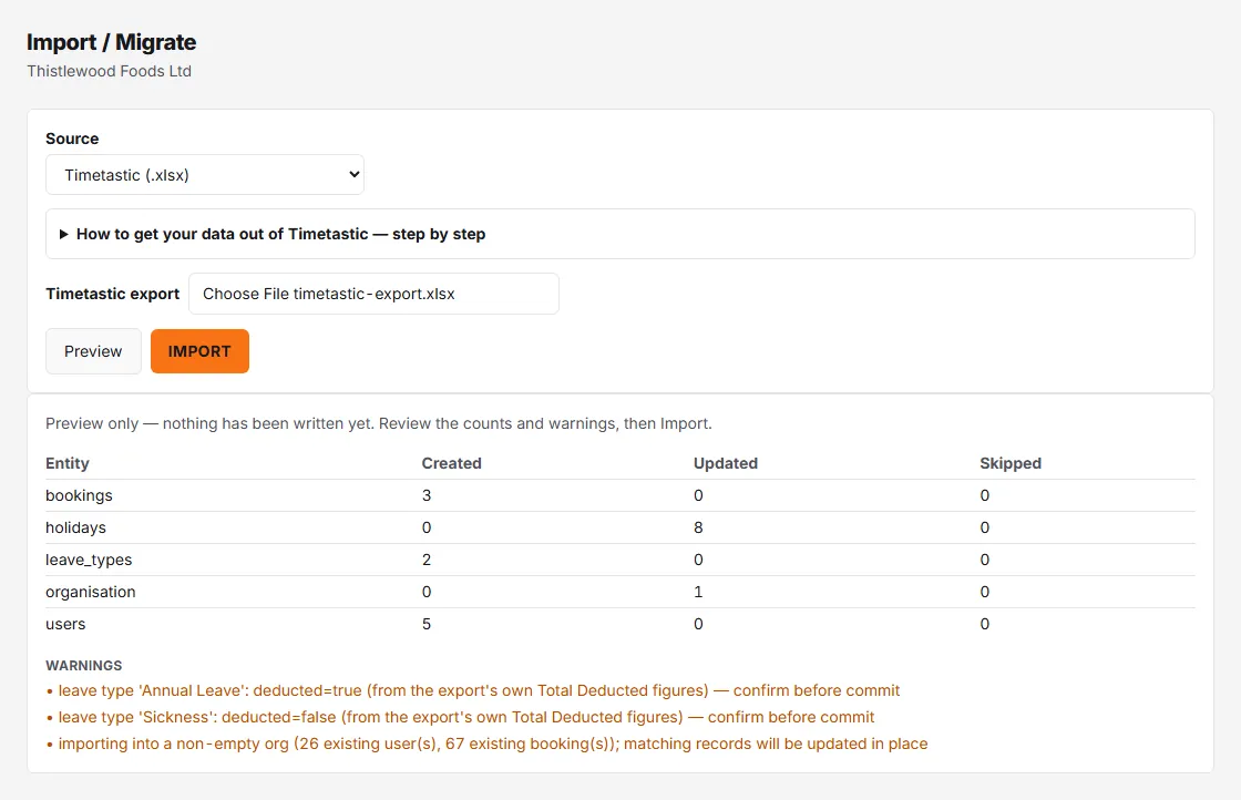 The Import / Migrate page with Timetastic (.xlsx) chosen and an export attached, then the preview: counts for bookings, holidays, leave types, the organisation and users, and the warnings to read before importing.