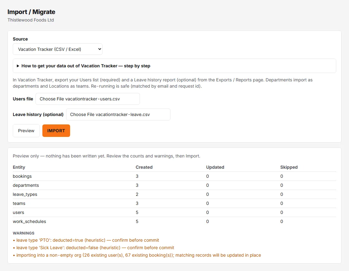 The Import / Migrate page with Vacation Tracker chosen and a users file and a leave history attached, then the preview: counts of bookings, departments, leave types, teams, users and work schedules, and the warnings to read before importing.