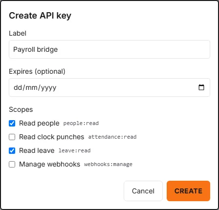 The Create API key dialog with the label Payroll bridge and the Read people and Read leave scopes ticked, and an optional Expires date.