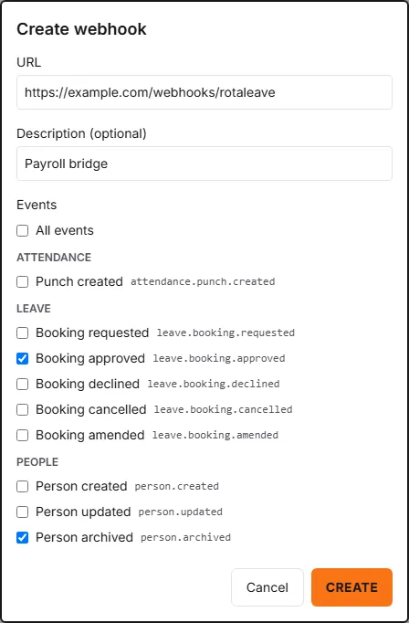The Create webhook dialog with a URL, the description Payroll bridge, and Booking approved and Person archived ticked from the list of events.