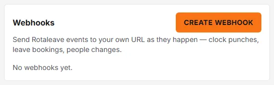 The Webhooks card on the Integrations page, with a Create webhook button and the line No webhooks yet.