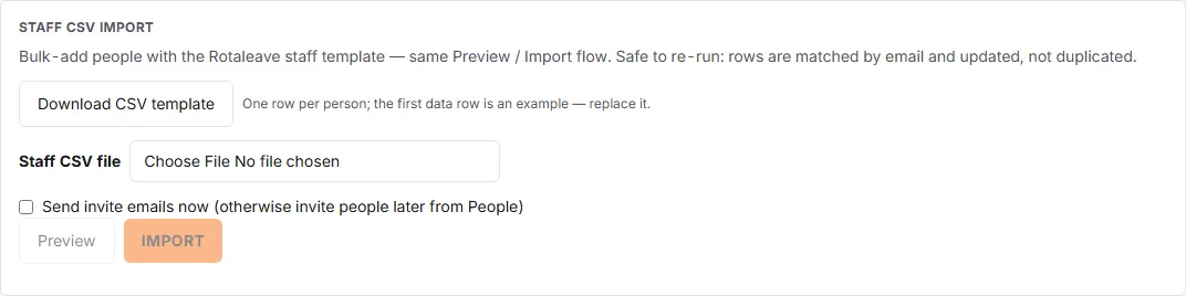The Staff CSV import card on the Import / Migrate page: Download CSV template, the staff file chooser, the Send invite emails now tick box, and Preview and Import buttons.