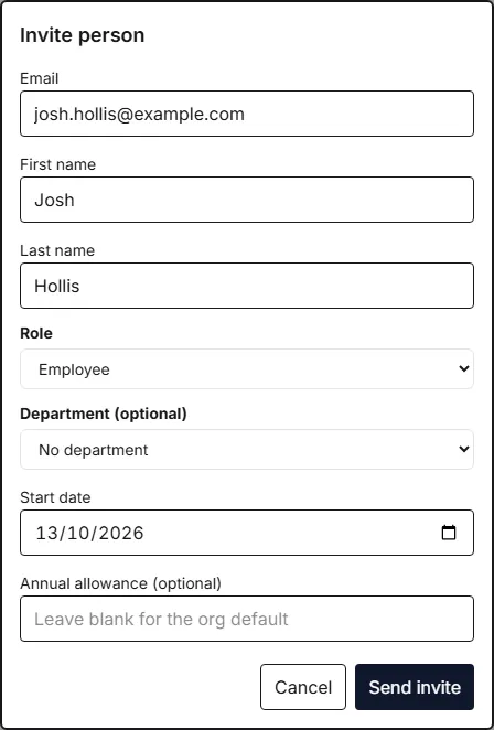 The Invite person dialog with email, first name and last name filled in, above Role, Department, Start date and Annual allowance.