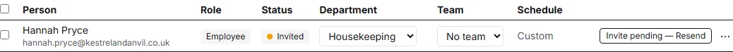 The People list filtered to Hannah Pryce, whose row shows the Invited status and an Invite pending — Resend button.