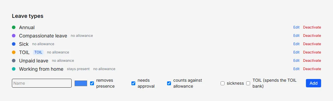 The Leave types page listing Annual, Compassionate leave, Sick, TOIL, Unpaid leave and Working from home with their tags, and the form to add a type.