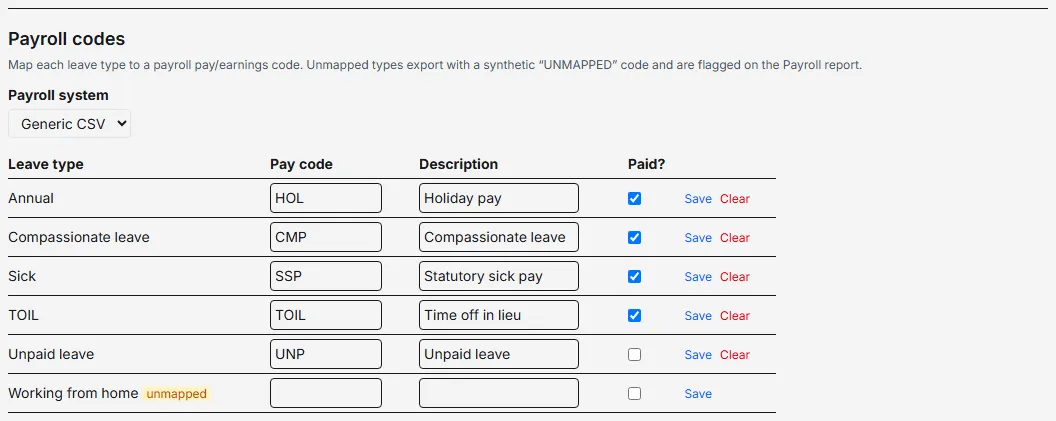 The Payroll codes section of the Leave types page with Generic CSV chosen: a pay code, description and Paid tick for each leave type, and Working from home marked unmapped.