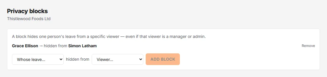 The Privacy blocks page listing "Grace Ellison hidden from Simon Latham" with a Remove link, above the form to add another block.