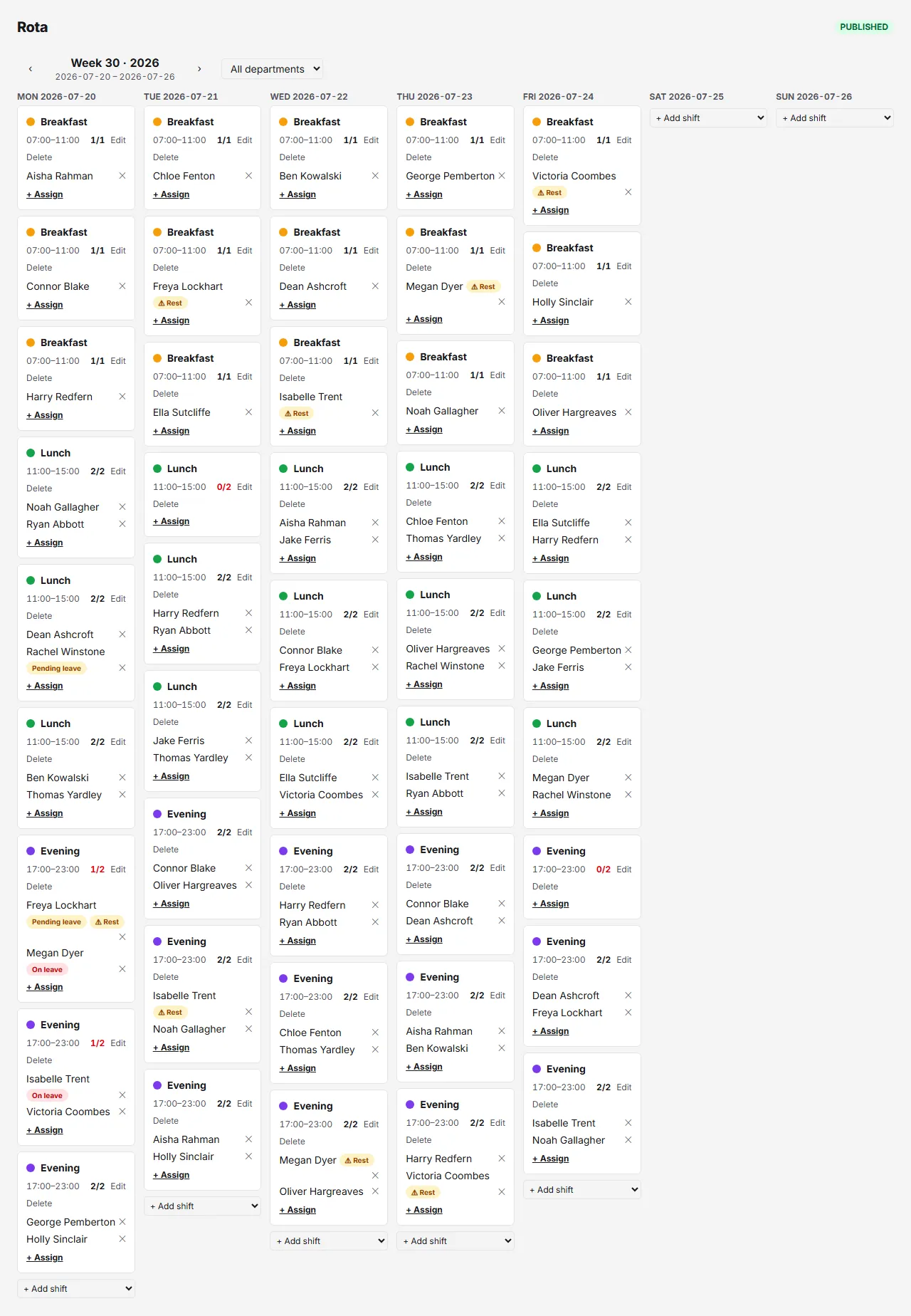 Rotaleave's published rota for a pub's Week 30: Breakfast, Lunch and Evening shift cards with staff named against each one, and 'Pending leave' and 'On leave' badges on the same cards — shifts and leave status on one screen, not two systems