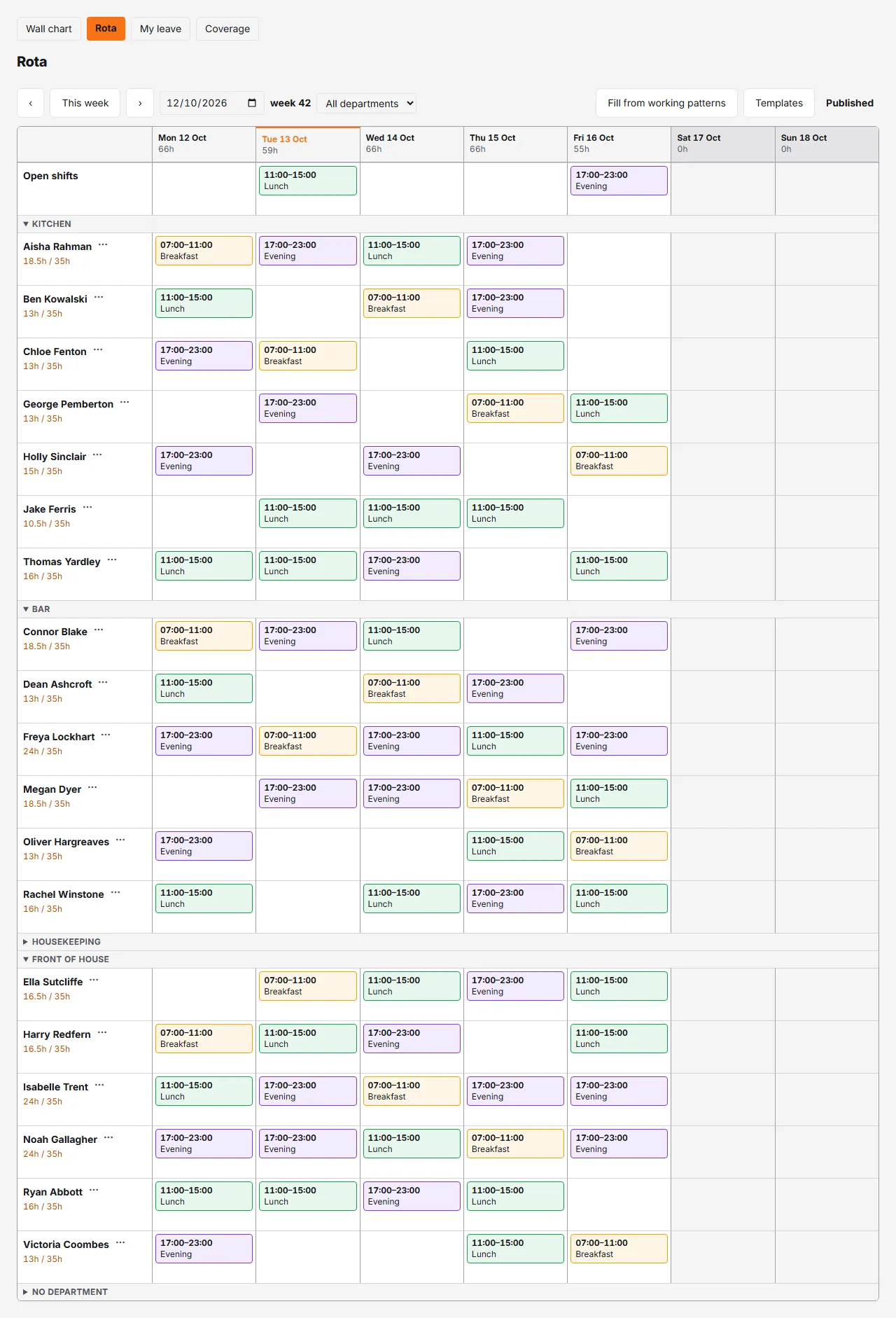 Rotaleave's published rota for a pub's Week 30: Breakfast, Lunch and Evening shift cards with staff named against each one, and 'Pending leave' and 'On leave' badges on the same cards — shifts and leave status on one screen, not two systems