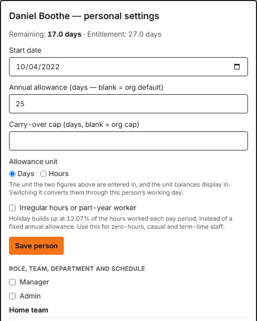 A person's Personal settings panel: remaining and entitlement figures, then start date, annual allowance, carry-over cap, allowance unit and Save person.