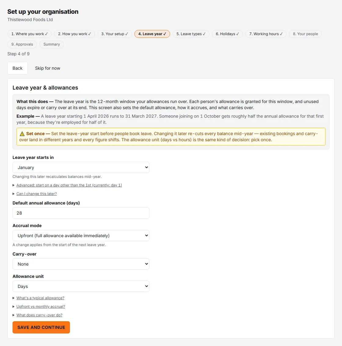 The Leave year and allowances step, with the Set once warning and fields for leave year start, default annual allowance, accrual mode, carry-over and allowance unit.