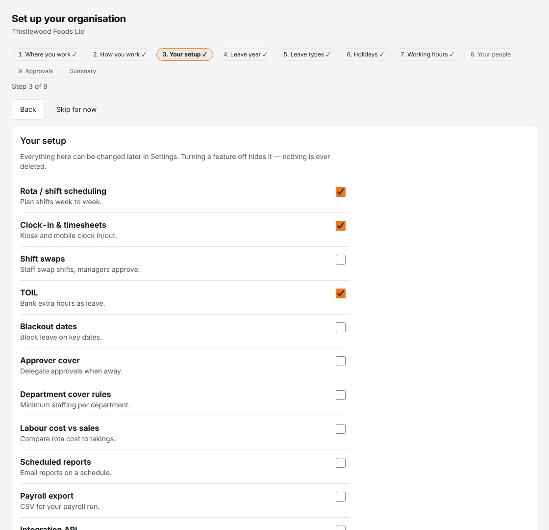 The Your setup step: a list of features, each with a tick box, starting with Rota / shift scheduling, Clock-in and timesheets, Shift swaps and TOIL.
