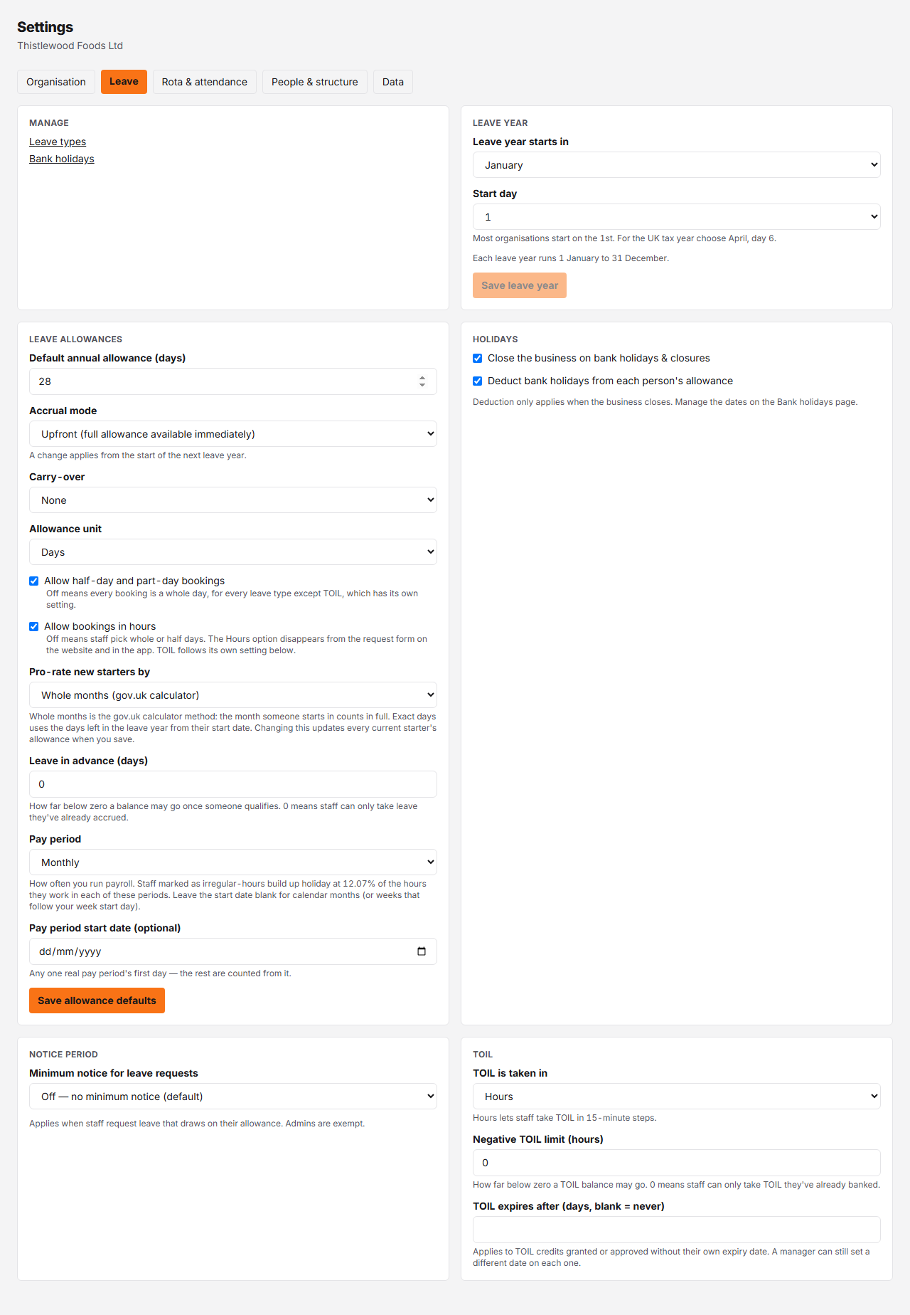 The Settings → Leave screen