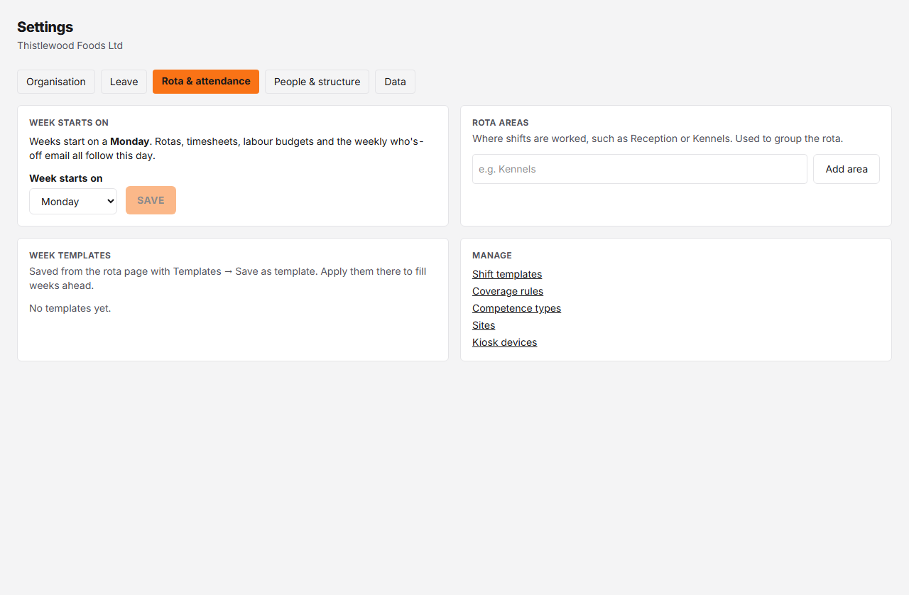 The Settings → Rota & attendance screen