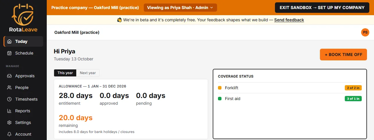 The top of the practice company: an amber strip reading Practice company — Oakford Mill (practice), a Viewing as Priya Shah button and Exit sandbox → set up my company.