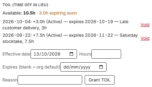 The TOIL section of a person's personal settings: available 10.5h, a ledger of two credits each with Void, and the form with effective date, hours, expiry and reason.