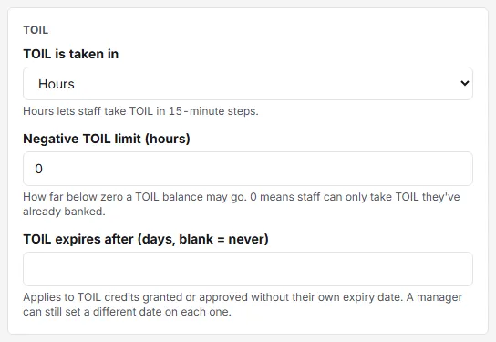 The TOIL card on Settings → Leave: TOIL is taken in, Negative TOIL limit and TOIL expires after.