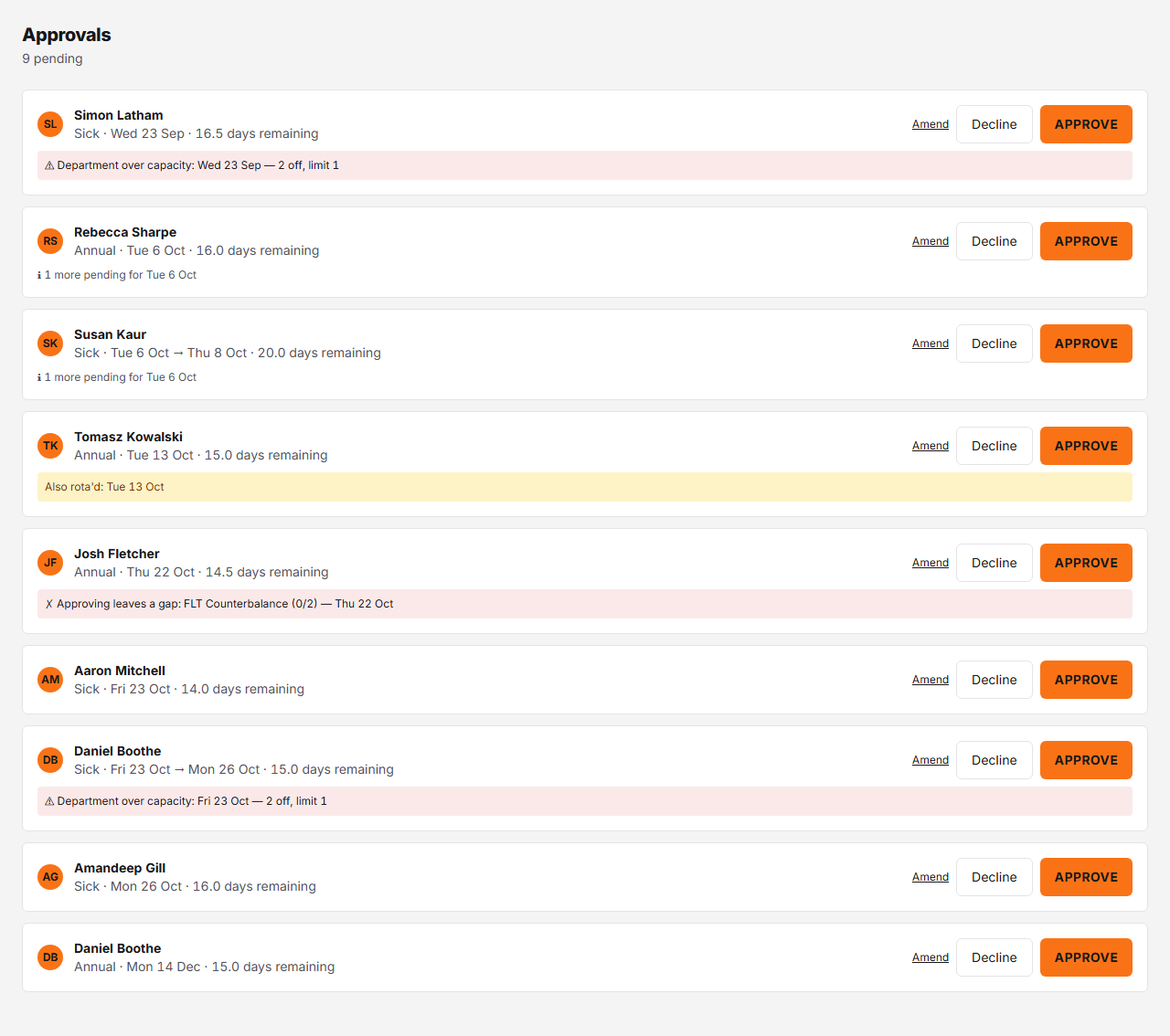 The Approvals screen