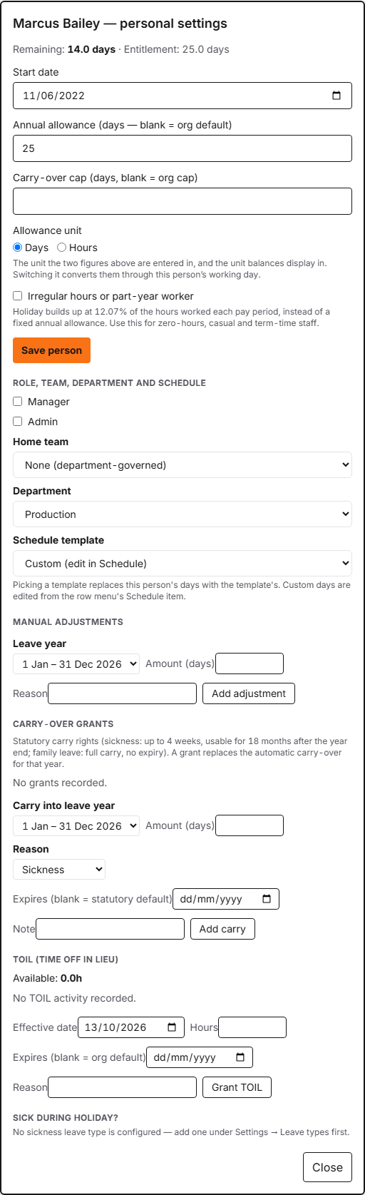 The People → Personal settings screen