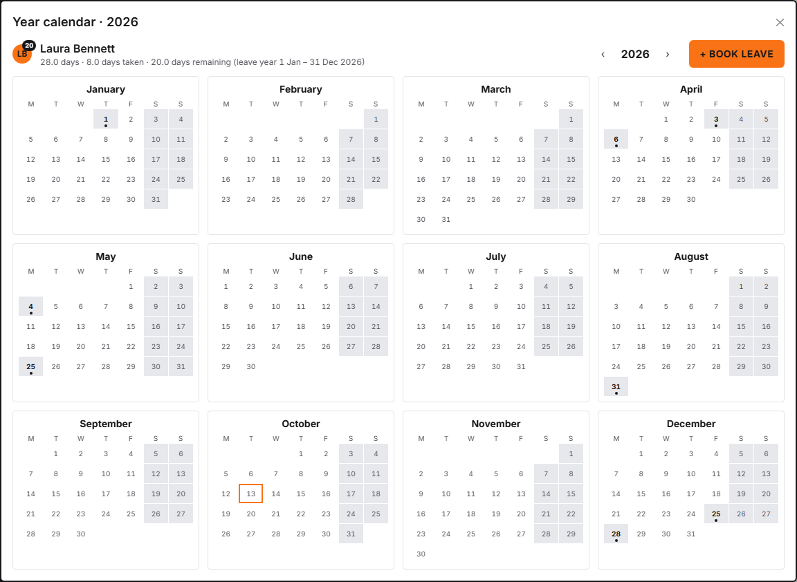 The Year calendar screen