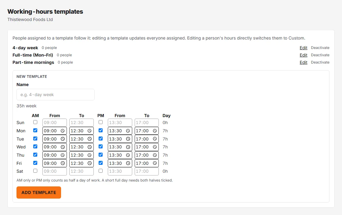 The Working-hours templates page listing 4-day week, Full-time (Mon–Fri) and Part-time mornings, with the New template form and its seven-day grid below.