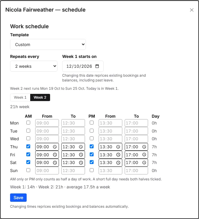 The same Schedule dialog with Week 2 selected: Thursday, Friday and Saturday ticked and the line "Week 2 next runs Mon 19 Oct to Sun 25 Oct".