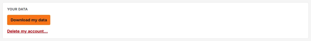 The Your data card on the Account page, with a Download my data button and a Delete my account… link.